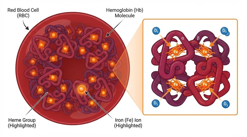 Diagram illustrating the internal composition of a red blood cell and hemoglobin molecules, highlighting oxygen binding sites