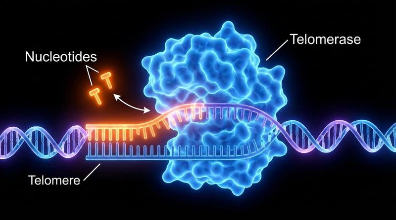 Molecular visualization of Telomerase enzyme adding nucleotide sequences to the end of a DNA chromosome telomere