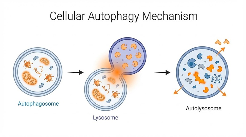 Cellular Autophagy Mechanism: Lysosome fusing with autophagosome to recycle debris