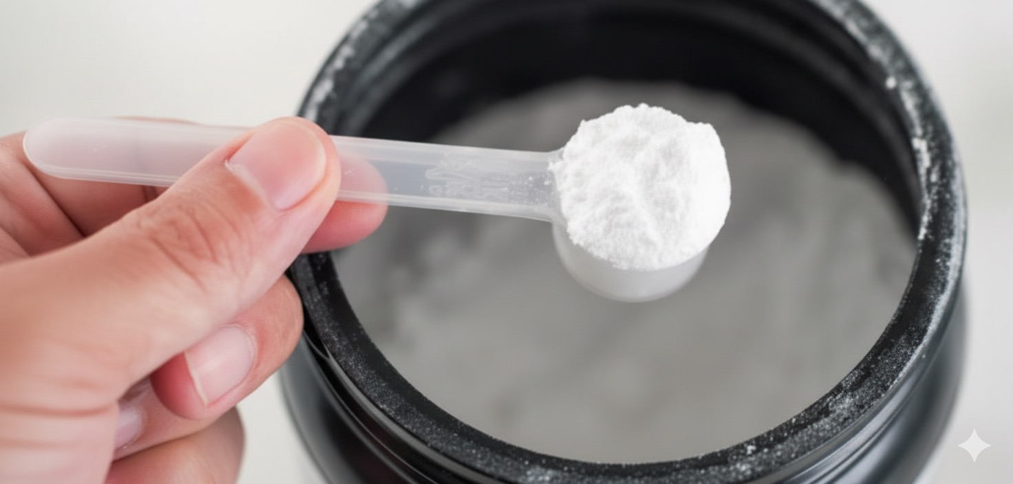 Creatine supplement powder with measuring scoop